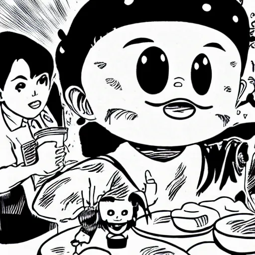 Prompt: Jollibee manga by Junji Ito, b&w