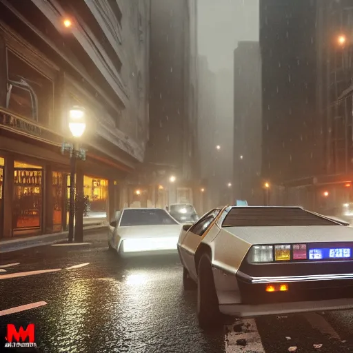 Image similar to hyperdetailed, photorealistic photograph of a dmc 1 2 delorean driving in the streets, rain, night, dense fog, hd, unreal engine 5