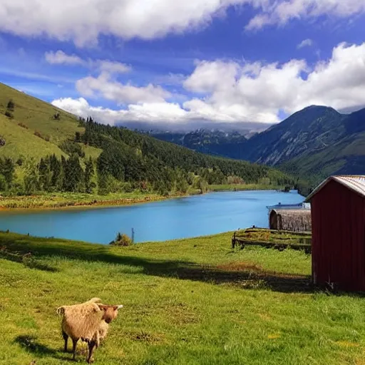 Image similar to beautiful landscape by Hugh Ferris, small houses, unexploited area, blue sky, sunny day, animals all around, cows and sheeps, big mountains in the back, huge lake, singing birds