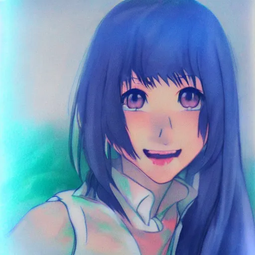 Prompt: (anime girl), blue happy eyes 24yo, studio, 35mm, soft artistic filter, annie leibowit