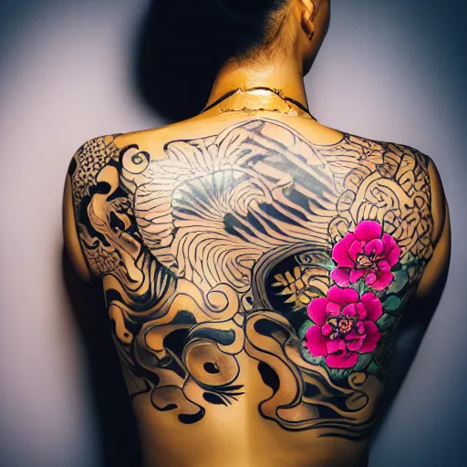 Image similar to photography of the back of a woman with a black detailed irezumi tatto representing a gold tiger with pink flowers on her entire back, mid-shot, editorial photography