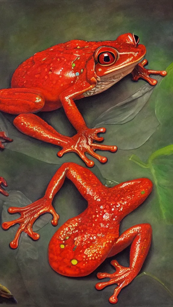 Prompt: giant red frog with giant dragonfly wings, photorealism, oil paint, renaissance, 8 k, high detail whide shot