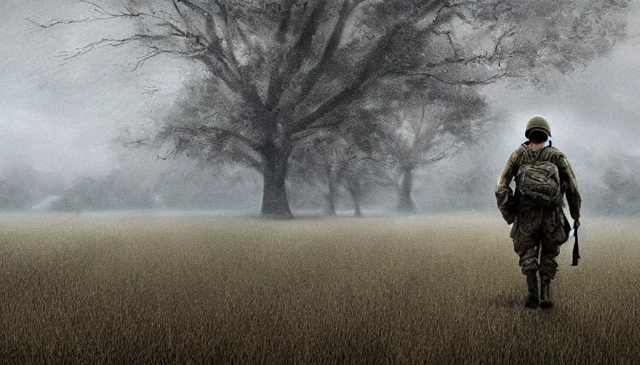 Prompt: World War 2 American soldier walking alone in a field under the rain, hyperdetailed, artstation, cgsociety, 8k