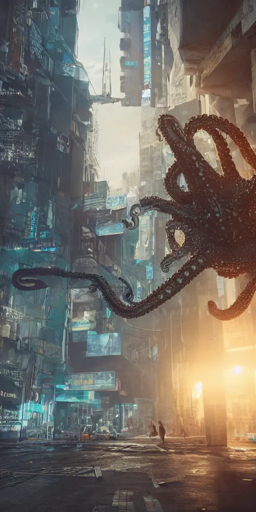 Image similar to hyperrealism, detailed textures, photorealistic 3 d cyberpunk octopus in apocalyptic city, futuristic clothing and helmet, ultra realistic, cinematic, intricate, cinematic light, unreal engine 8 k