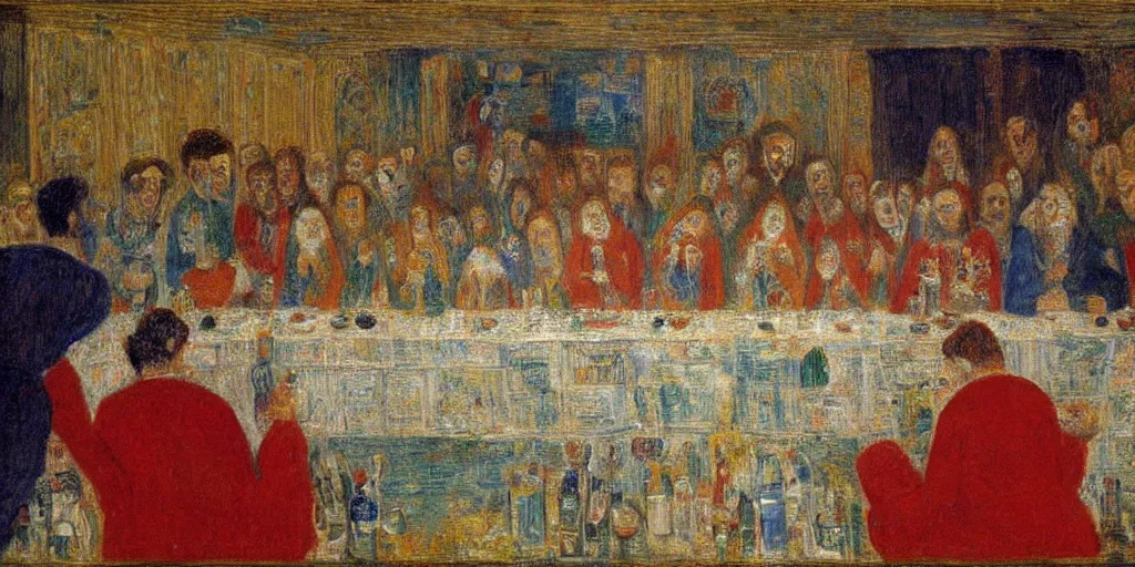 Image similar to the last supper. james ensor. ( 1 8 9 8 ) oil on canvas