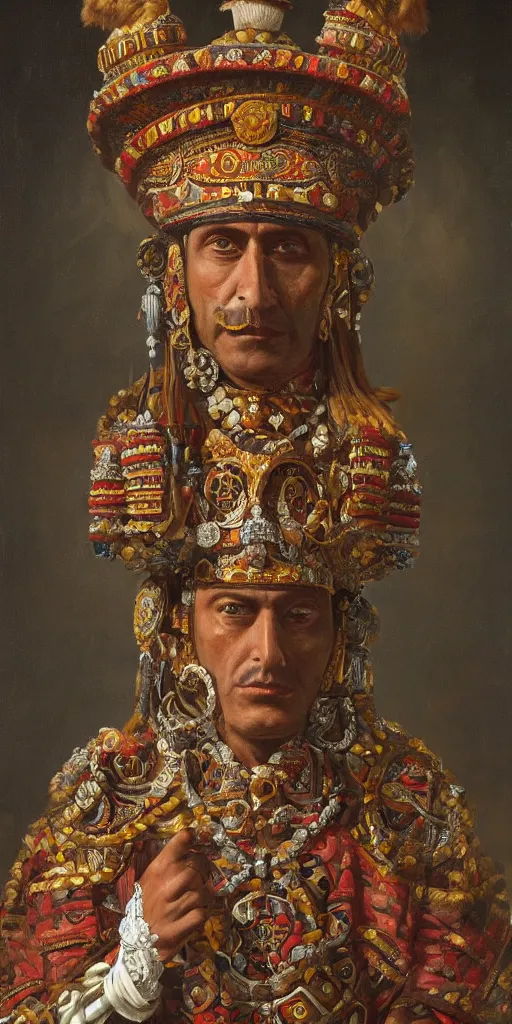 Prompt: a highly detailed romantic period style oil painting of the Aztec emperor Montezuma by Josep Tapiró Baró, trending on artstation, masterpiece, symmetry, fractals, Aztec iconography