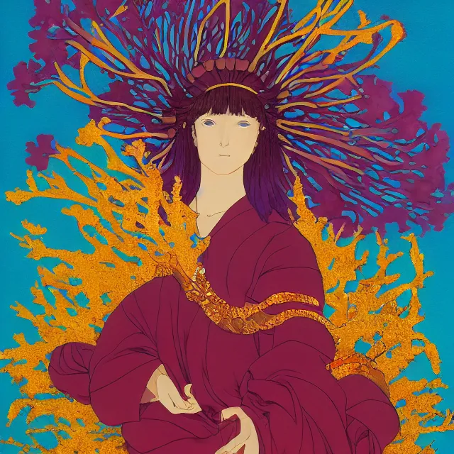 Prompt: the lone priestess of the anemone reef. this gouache and gold leaf work by the award - winning mangaka has beautiful color contrasts.