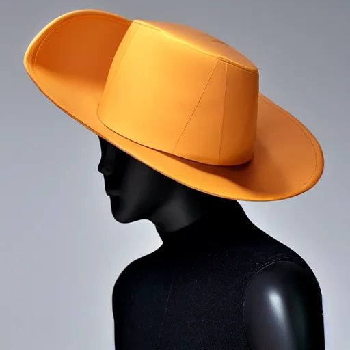 Image similar to [high tech cowboy hat in futuristic colours and fabrics, object design, couture]