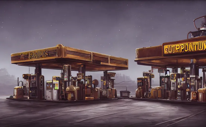 Image similar to steampunk gas station in space, 4 k, polished, photorealistic, hard edges, zoomed in, very coherent, sharp focus, rim light, exquisite lighting, hard edges, sci - fi, cinematic, game art, octane