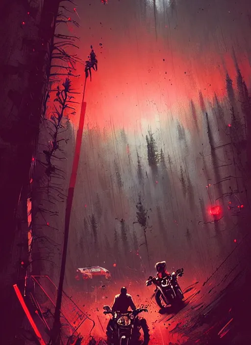 Image similar to horror art, motorbikers fight in hell, red peaks in the background, art by ismail inceoglu