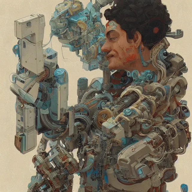 Image similar to robot artist painting a self - portrait on a canvas. intricate, highly detailed, digital matte painting, in the style of alexandros pyromallis, and in the style of sachin teng, and in the style of hans thoma, and in the style of peter mohrbacher. irony, recursion, inspiration.