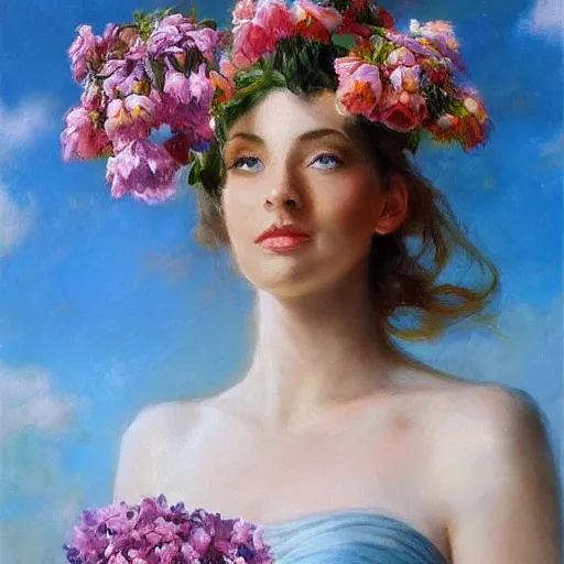 Image similar to a portrait of a romantic woman with flowers grow out of hair, roses peonies forget-me-nots dahlias lupins gladioli, sky theme in background, by Alexandr Averin, Digital Art, Trending on artstation