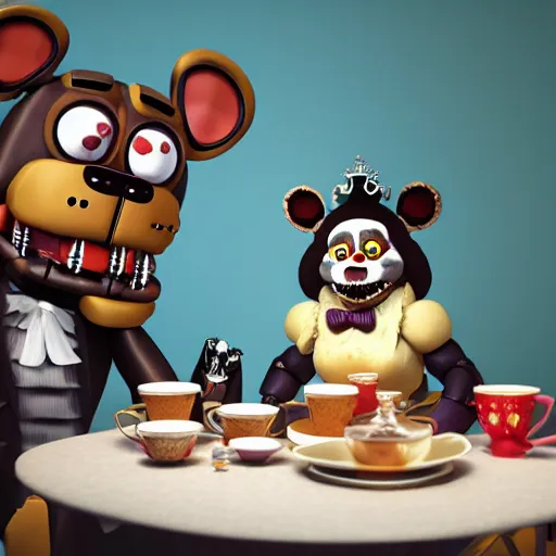 Prompt: a five nights at freddy's animatronic having an intense tea party with queen elizabeth ii, octane render / source, oil painting, trending on artstation, rossdraws