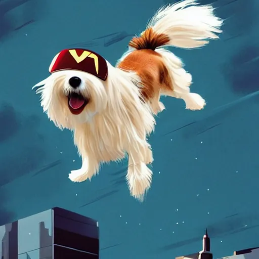 Prompt: cream colored havanese dog dressed as a super hero, jumping off a rooftop, sideways wide shot, highly coherent, saga comic, graphic novel, fiona staples