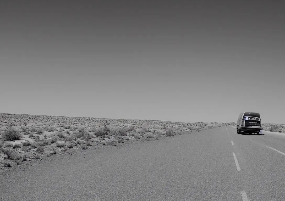 Prompt: a black and white picture of a van driving into the distance on a desert highway, by Joe Jusko