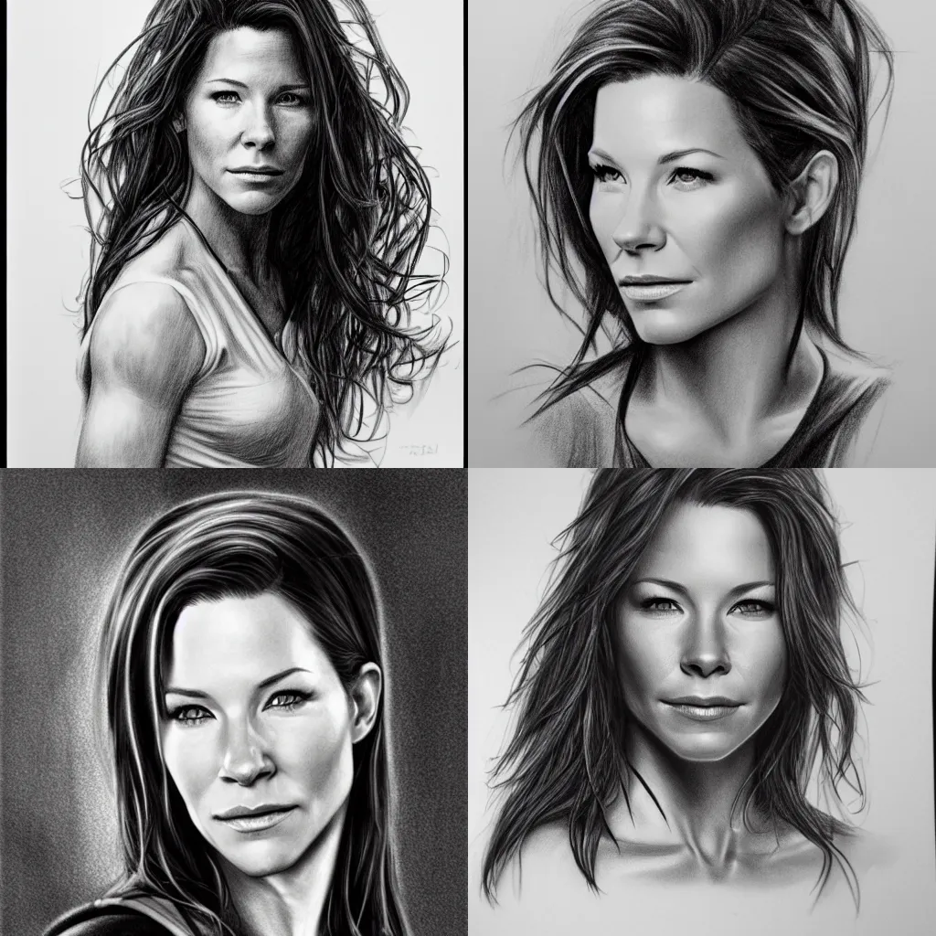 Prompt: Black and white pencil sketch portrait of Evangeline Lilly, trending on artstation, photorealistic