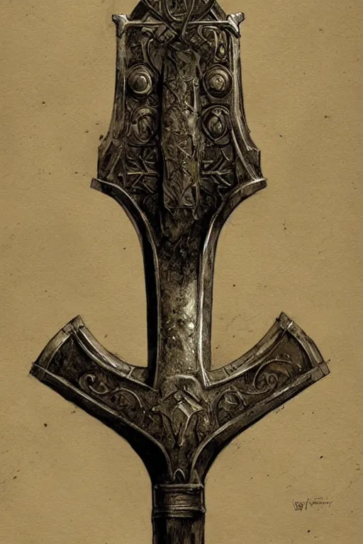 Image similar to a concept art of a great medieval axe with intricate design, concept art in style of Greg Rutkowski, painted by Frank Frazetta, John Singer Sargant