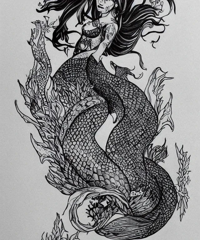 Image similar to tattoo design illustration, black ink on white paper, beautiful mermaid, full body