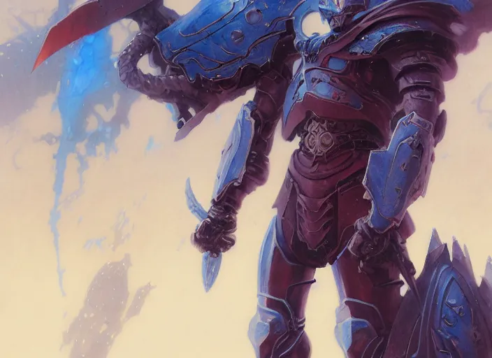 Image similar to character design digital 2 d man viking cape evangelion cyborg blue armor sword of fire by gaston bussiere, anna nikonova aka newmilky, greg rutkowski, yoji shinkawa, yoshitaka amano, tsutomu nihei, muira, moebius, donato giancola, trending on artstation, featured on pixiv