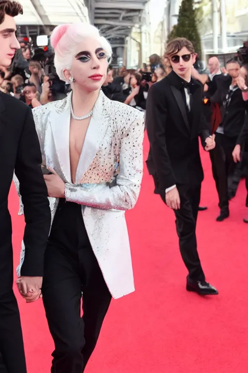 Image similar to timothee chalamet and lady gaga holding hands on the red carpet, beautiful detailed faces, canon eos, featured, flash lighting