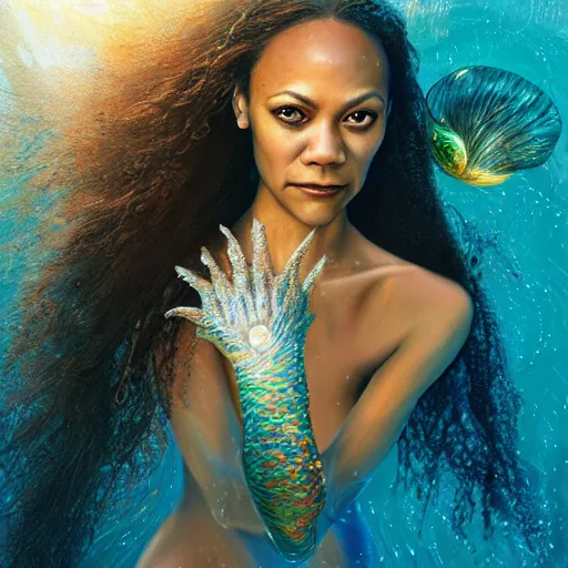 Prompt: zoe saldana portrait, fantasy, mermaid, hyperrealistic, game character, underwater, highly detailed, sharp focus, cinematic lighting, pearls, glowing hair, shells, gills, crown, water, highlights, starfish, jewelry, realistic, digital art, pastel, magic, fiction, ocean, king, colorful hair, sparkly eyes, fish, heroic, goddess, waves, bubbles, queen