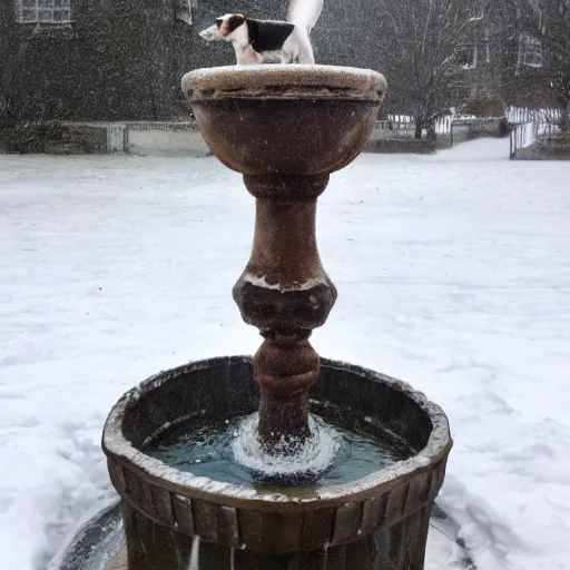 Prompt: a photo of a dog drinking from a fountain, in winter