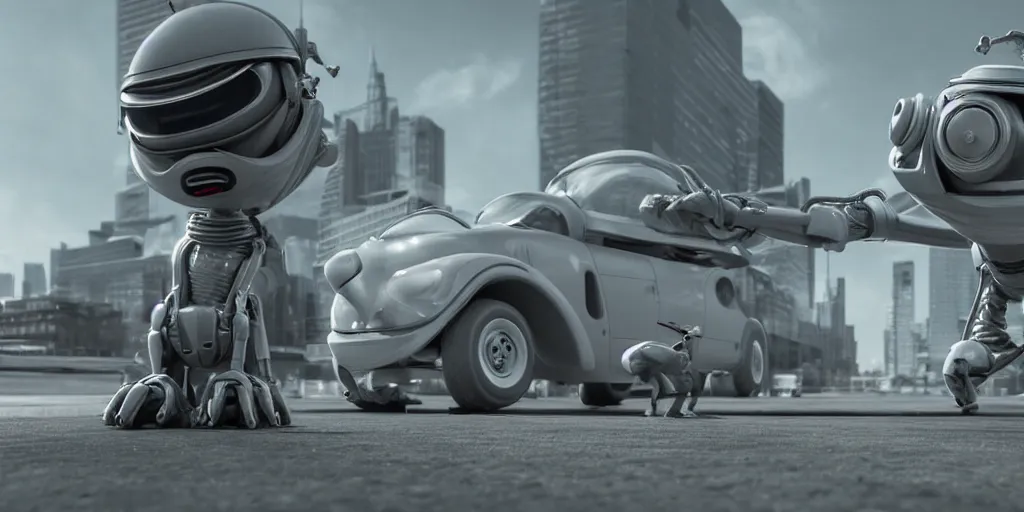 Image similar to low - angle medium shot of a bug space alien from the future on the first day of driver's ed learns to parallel park. 8 k, 4 k, hq, 3 d render, digital art, dramatic lighting, comedy, science fiction, hyper realistic, ultra detailed. style of fifth element ( film )