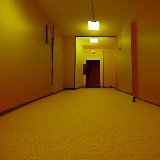 Prompt: a strange room with a yellow wallpaper, fluorescent lights, and a yellow moist carpet, eerie, liminal space, grainy footage, first person,