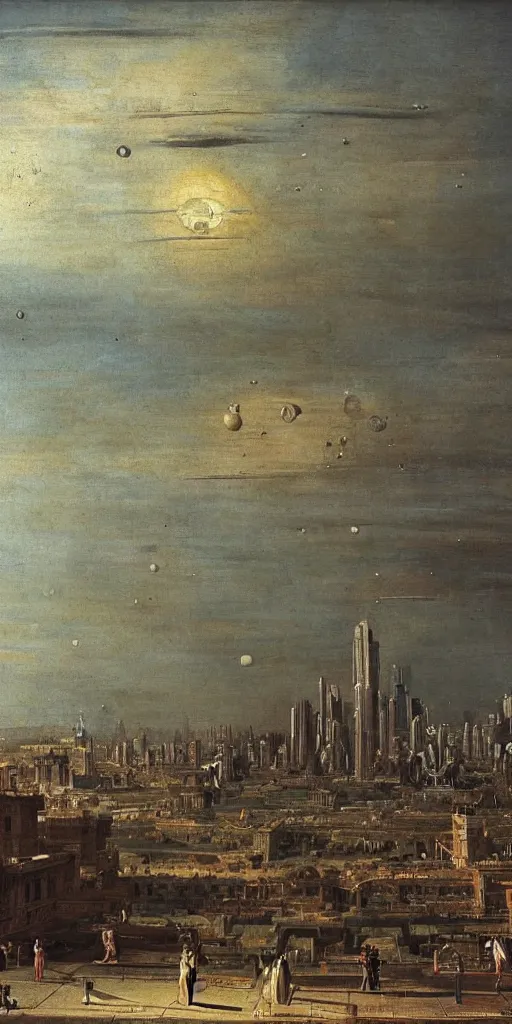 Prompt: a planetary sci-fi city by Canaletto, oil and canvas, masterpiece