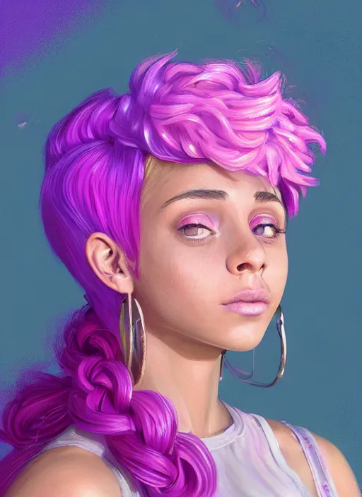 Prompt: portrait of vanessa morgan, teenage girl, pink hair, wavy pixie haircut, purple newsboy cap, fluffy pink hair coming out from under cap, hoop earrings, confident, energetic, spunky, intricate, elegant, glowing lights, highly detailed, digital painting, artstation, concept art, sharp focus, illustration, art by wlop, mars ravelo and greg rutkowski