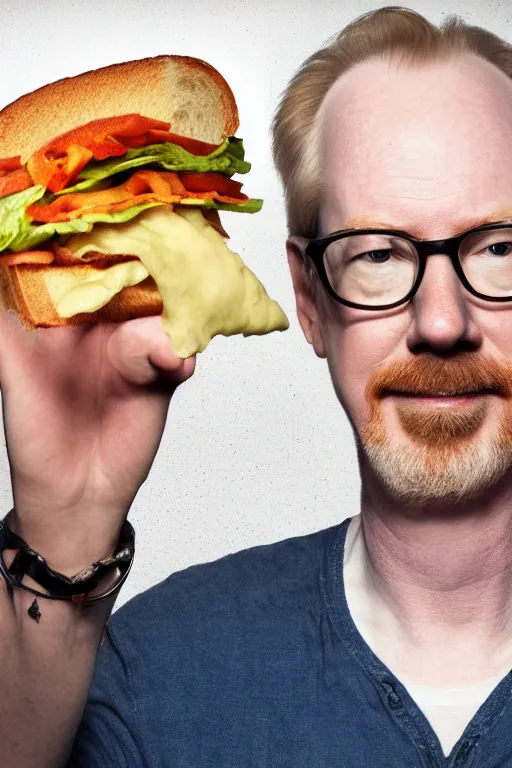 Image similar to 📷 portrait of adam savage with a sandwich for a head, still image, high resolution, 4 k