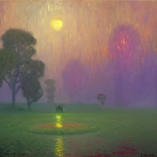 Image similar to mystical kew gardens, mist, full moon, by paul lehr, monet