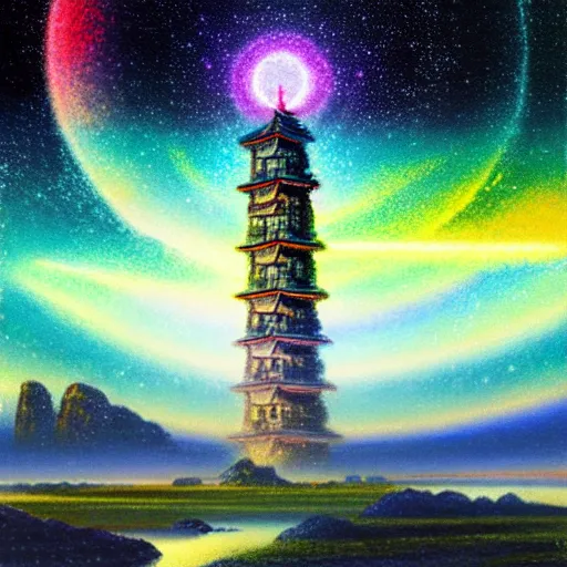 Image similar to a landscape pastel in the style of noriyoshi ohrai of an ancient holy tower, it has iridescent mana radiating from it. it is centered. the background is the starry sky at night. key art. 4 k retrofuturistic fantasy