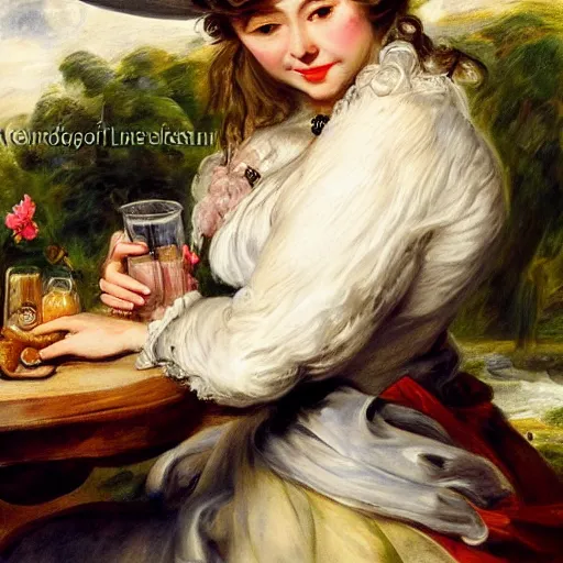 Image similar to heavenly summer sharp land sphere scallop well dressed lady drinking a starbuck latte, auslese, by peter paul rubens and eugene delacroix and karol bak, hyperrealism, digital illustration, fauvist