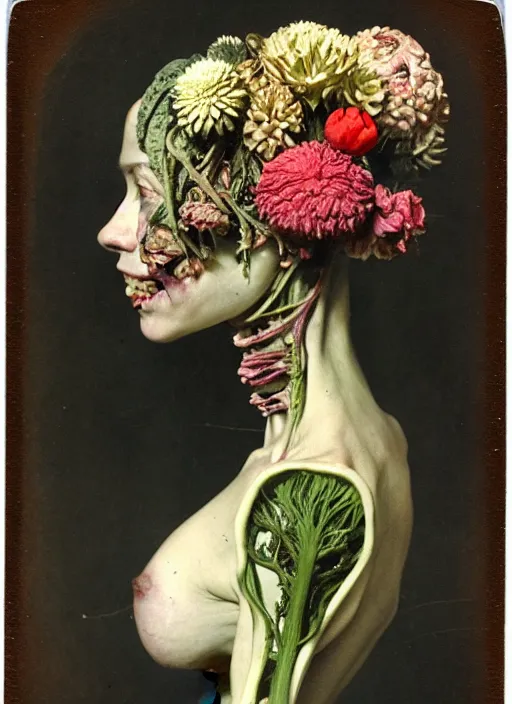 Prompt: beautiful and detailed rotten woman made of plants and many types of flowers like carnation, chrysanthemum and tulips, anatomical, 🫀, intricate, organs, ornate, surreal, john constable, guy denning, gustave courbet, caravaggio, romero ressendi 1 9 1 0 polaroid photo