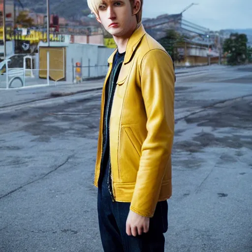 Prompt: blonde male wearing a yellow leather jacket, Makoto shinkai