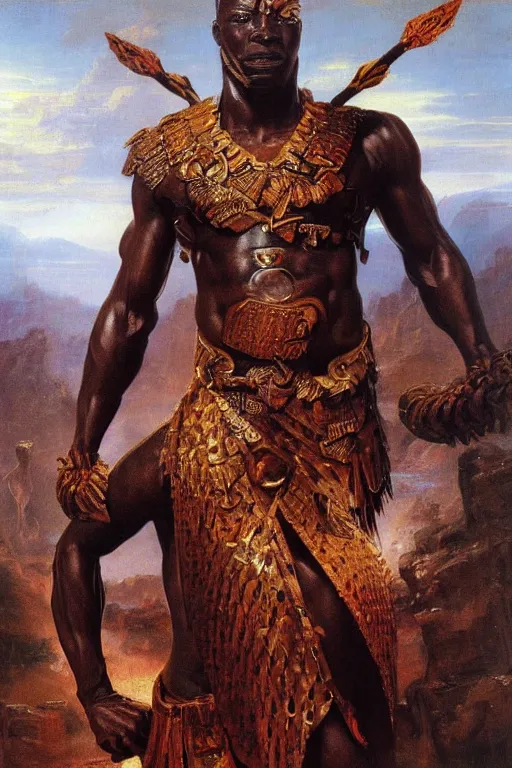 Image similar to a powerful and muscular male african warrior, tribal armour, realistic oil painting by Thomas Cole and Wayne Barlowe