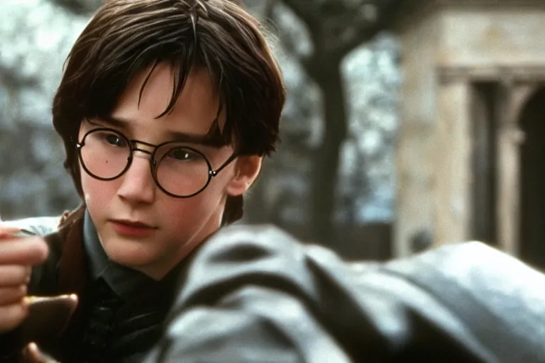 Prompt: film still of young Keanu Reeves as Harry Potter with glasses in Harry Potter