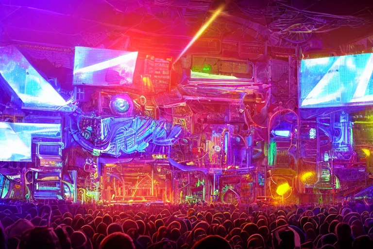 Image similar to an outdoor festival stage with audience, neon letters tripmachine, center of the stage is a big futuristic steampunk generator with gears and belts and tubes, surrounded by big cyberpunk loudspeakers, rock musicians on the stage, laser show, 8 k, fluorescent colors, halluzinogenic, multicolored, exaggerated detailed, unreal engine