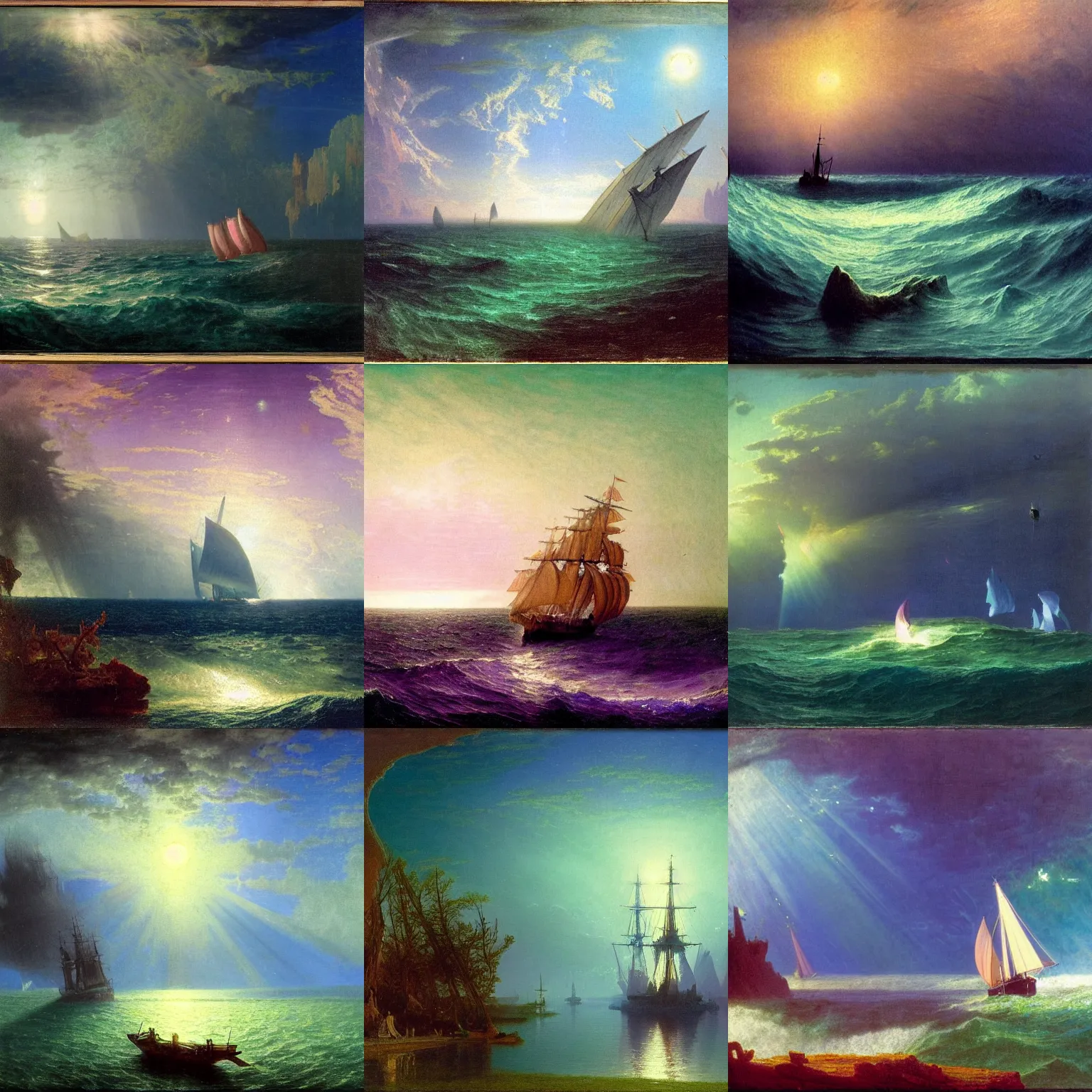 Prompt: A huge, noble, unmanned ship swims through an ocean-like space filled with blue, pink, and green fluorescent plants ,Albert Bierstadt.