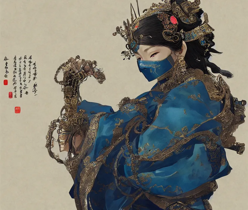 Image similar to ancient chinese princess with steampunk mask, dynasty warriors, elegant, unreal engine, 8 k, blue color scheme, headshot, highly detailed, smooth, ink painting, artstation, concept art, in style of yoji shinkawa, pan ren wei, col price, atey ghailan, by greg rutkowski, aesthetic