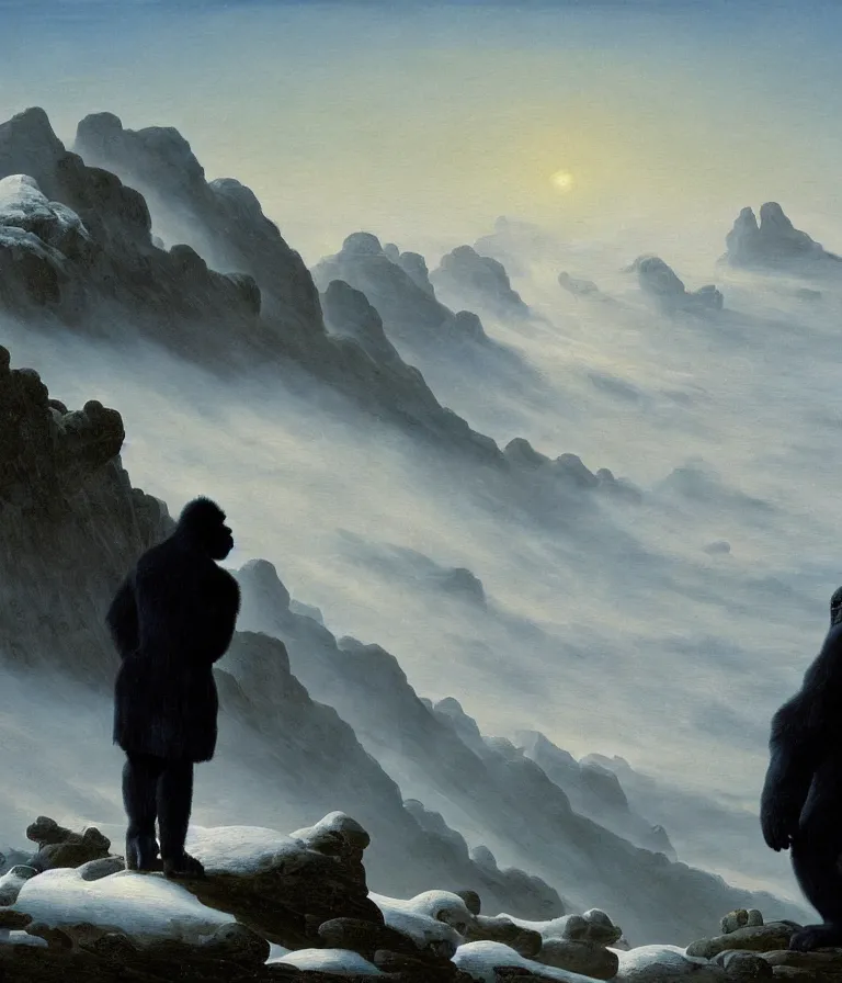 Image similar to a painting in the style of caspar david friedrich's wanderer above the sea of fog of a gorilla in a navy blue trench coat standing above a wasteland of snow