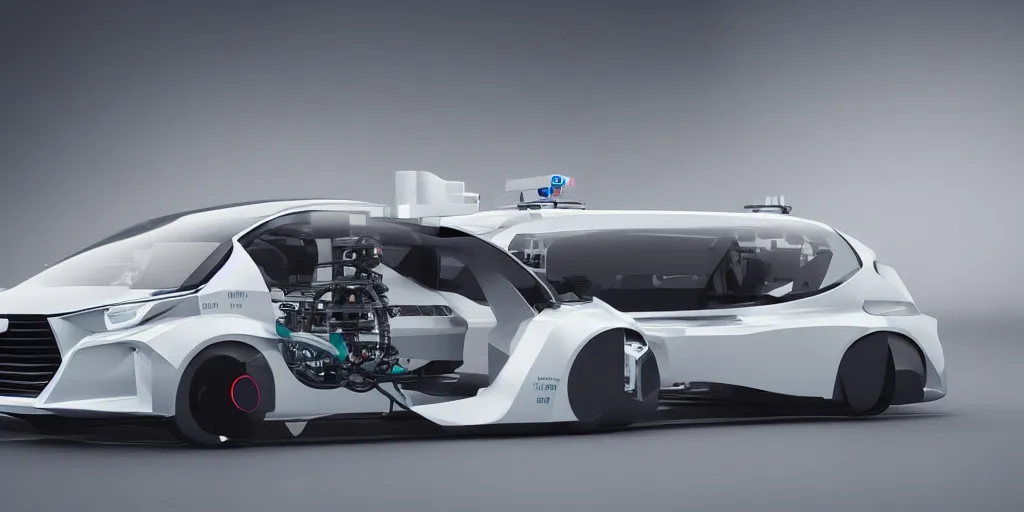 Image similar to hydrogen fuel cell vehicle, wide angle, intricate details, octane rendering.