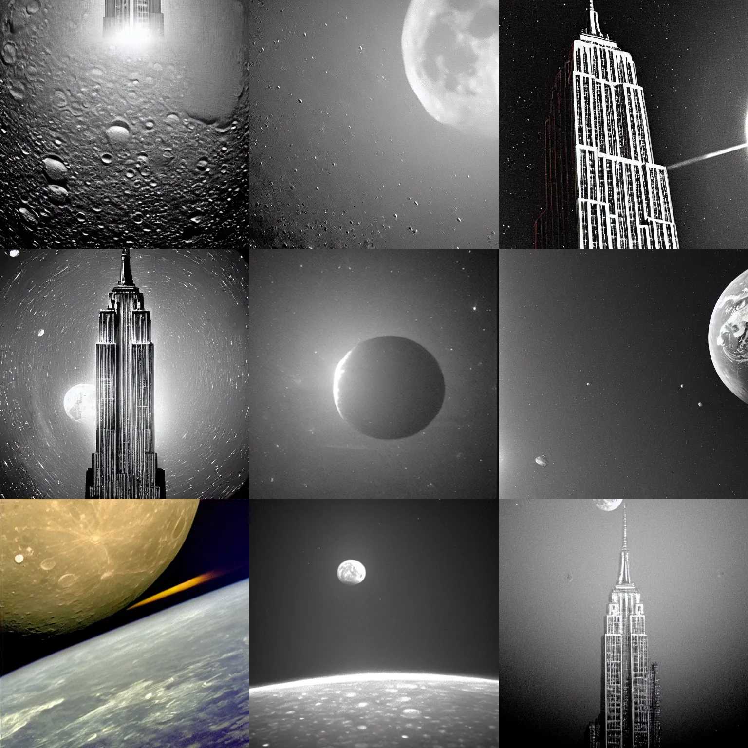 Prompt: The empire state building on the moon, dark atmosphere, high exposure image of earth!!!!!! in the sky