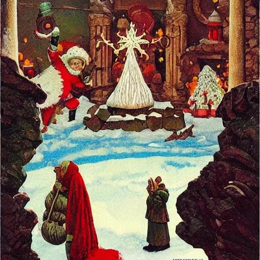 Image similar to illustration: vogue designer Santa Claus Sacrificing the Elves to a Volcano God Altar giorgio de chirico marc simonetti norman rockwell postcard stamp