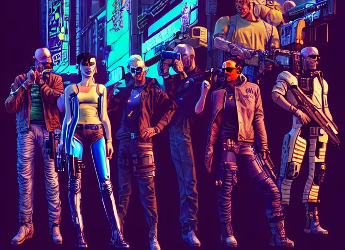 Image similar to cyberpunk gun slingers. portrait by stonehouse and mœbius and will eisner and gil elvgren and pixar. character design. realistic proportions. cyberpunk 2 0 7 7 character art, blade runner 2 0 4 9 concept art. cel shading. attractive face. thick lines. the team. diverse characters. artstationhq.