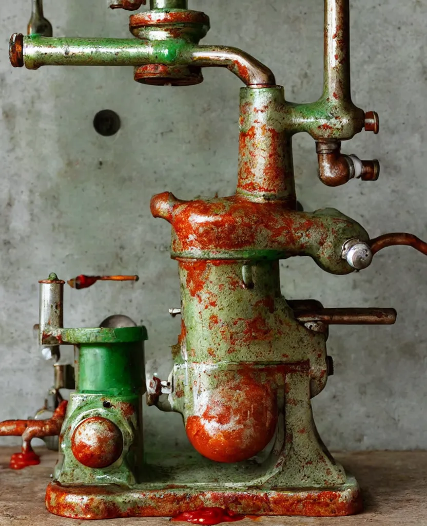 Prompt: a rusty vintage meat grinder full of mustard, ketchup and white jelly spilling all over a green marble table