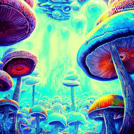 Image similar to trippy mushrooms, acrilic paint, digital, artstation, detailed intricate ink illustration, heavenly atmosphere, digital art, overdetailed art, concept art, complementing colors, trending on artstation, cgstudio, the most beautiful image ever created, dramatic, subtle details