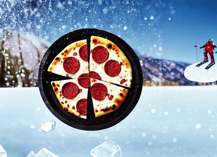 Image similar to clear highly detailed photorealistic food photograph of a pizza half stuck frozen in an ice cube with salami pepperoni lying in the snow, skiers in the background