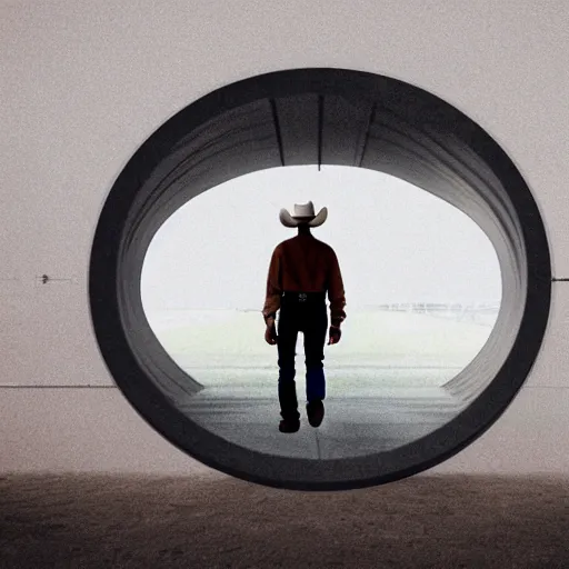 Prompt: a cowboy walking through a futuristic portal